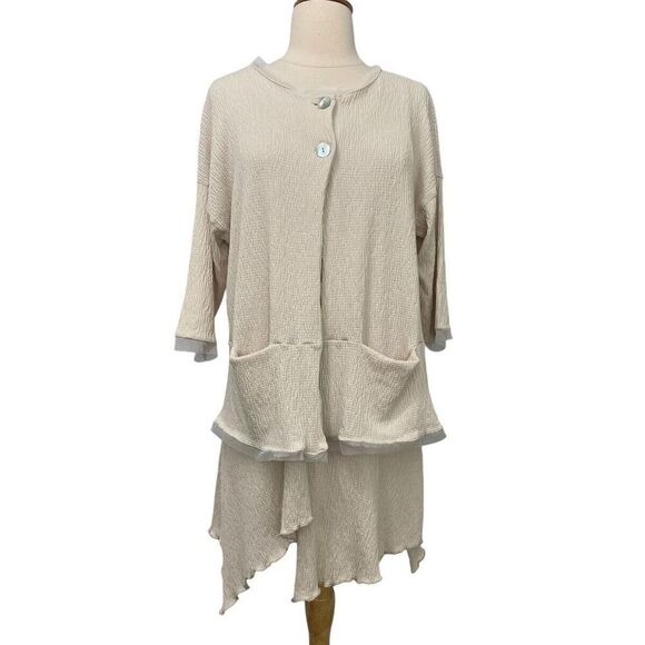 Luukaa Cream Crinkle Knit Cardigan Tank SET Lagenlook Modern Unique Size 8 / 10 - Picture 1 of 12